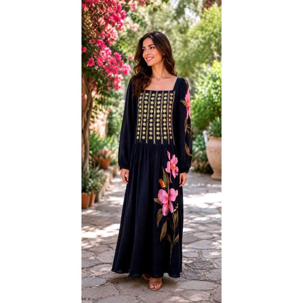 Farm Rio black‎ Floral Orchid Embroidered Dress Long Sleeve Sz S gold Star